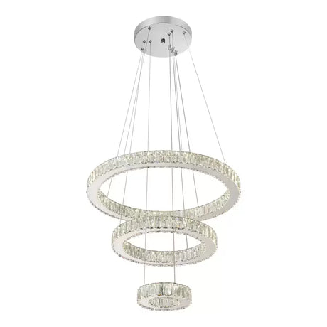 Lustra Led Suspendata Cu Telecomanda Si Cristal Canaan, 3 Cercuri, Lumina Rece/Calda/Neutra, Dimabila, Crom Lucios - vivimall.ro