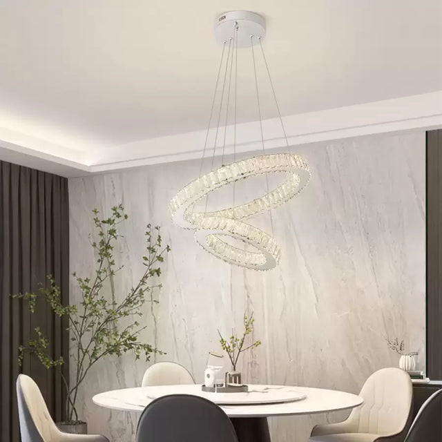 Lustra Led Suspendata Cu Telecomanda Si Cristal Canaan, 2 Cercuri, Lumina Rece/Calda/Neutra, Dimabila, Crom Lucios - vivimall.ro