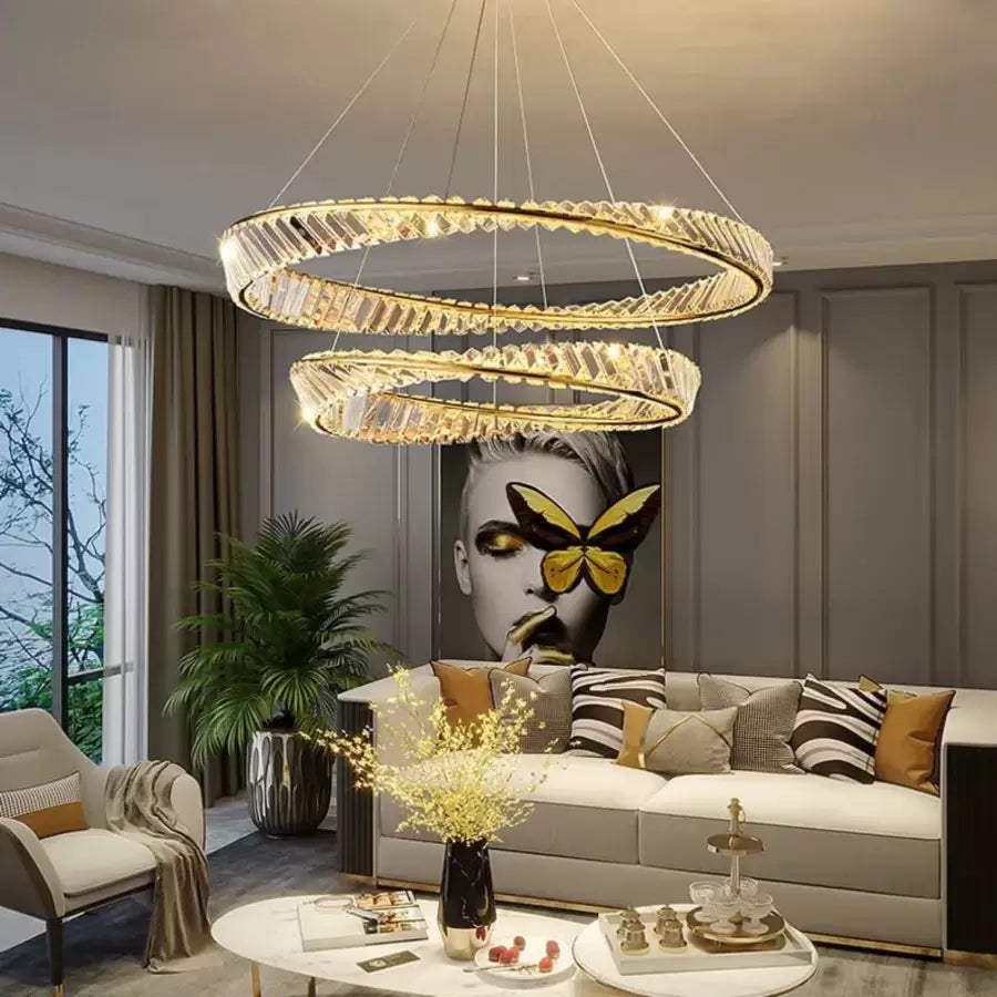 Lustra Led Suspendata Cu Telecomanda Si Cristal Cairo, 2 Cercuri, Lumina Rece/Calda/Neutra, Dimabila, Lucios - vivimall.ro