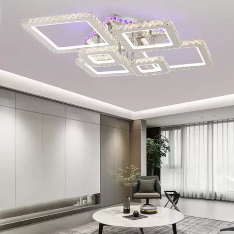 Lustra Led Cu Telecomanda Si Cristal Nova Rhomba Rgb, 6 Patrate, Lumina Rece/Calda/Neutra, Dimabila - vivimall.ro