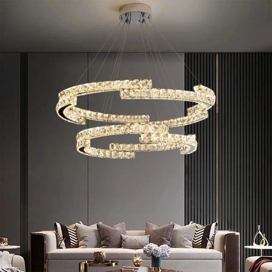 Lustra Led Suspendata Cu Telecomanda Si Cristal Mia Latifah, 2 Cercuri, Lumina Rece/Calda/Neutra, Dimabila, Crom Lucios - vivimall.ro