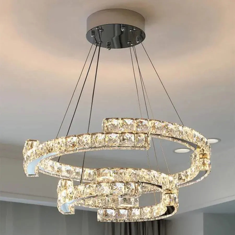 Lustra Led Suspendata Cu Telecomanda Si Cristal Mia Latifah, 2 Cercuri, Lumina Rece/Calda/Neutra, Dimabila, Crom Lucios - vivimall.ro