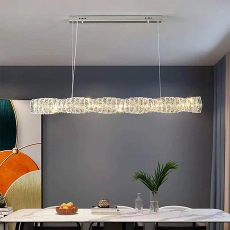 Lustra Led Suspendata Cu Telecomanda Si Cristal Sehrazat, Liniara, Lumina Rece/Calda/Neutra, Dimabila, Crom Lucios - vivimall.ro