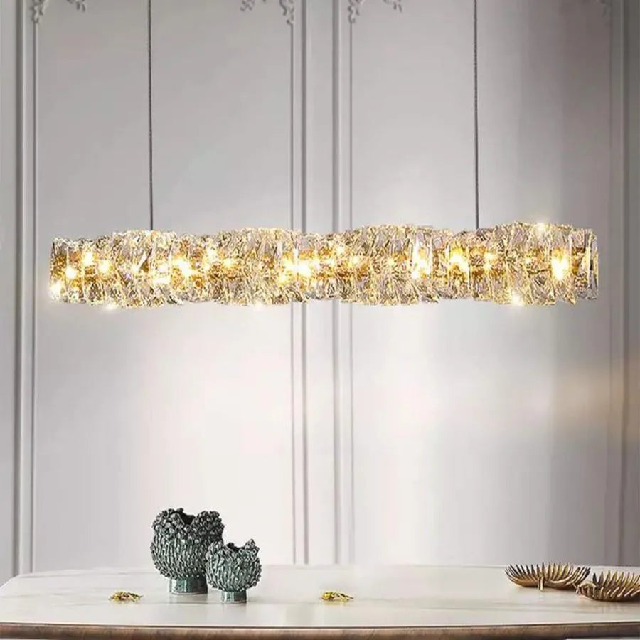 Lustra Led Suspendata Cu Telecomanda Si Cristal Sehrazat, Liniara, Lumina Rece/Calda/Neutra, Dimabila, Crom Lucios - vivimall.ro