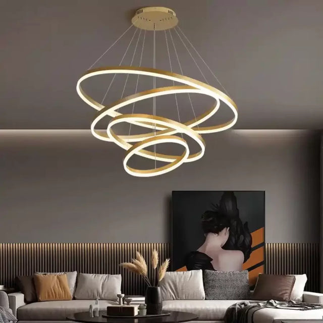 Lustra Led Suspendata Cu Telecomanda Azariah, 4 Cercuri, Lumina Rece/Calda/Neutra, Dimabila, Lucios - vivimall.ro
