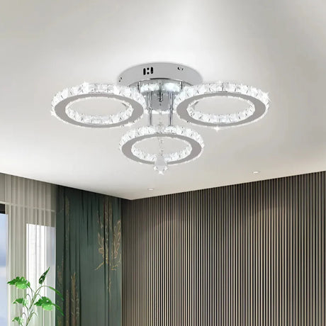Lustra Led Cu Telecomanda Si Cristal Alanubis, 3 Cercuri, Lumina Rece/Calda/Neutra, Dimabila - vivimall.ro