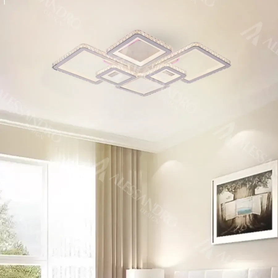 Lustra Led Cu Telecomanda Si Cristal Quadris Rgb, 6 Patrate, Lumina Rece/Calda/Neutra, Dimabila - vivimall.ro