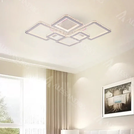 Lustra Led Cu Telecomanda Si Cristal Quadris Rgb, 6 Patrate, Lumina Rece/Calda/Neutra, Dimabila - vivimall.ro