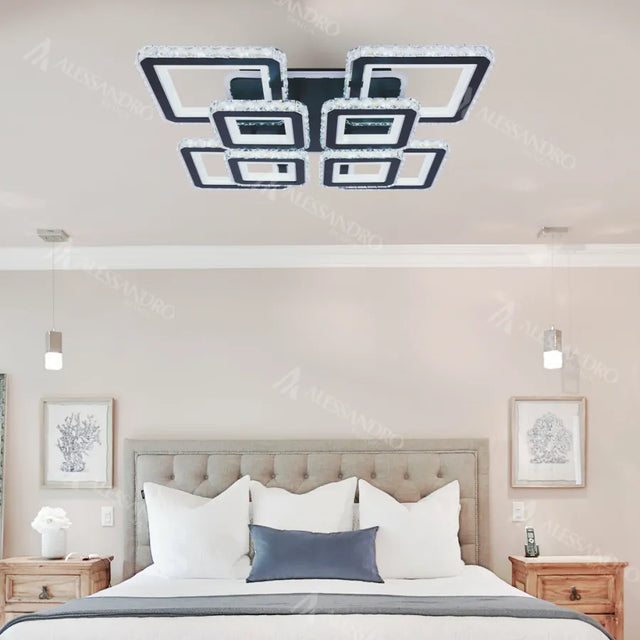 Lustra Led Cu Telecomanda Si Cristal Leila Rgb, 8 Patrate, Lumina Rece/Calda/Neutra, Dimabila - vivimall.ro