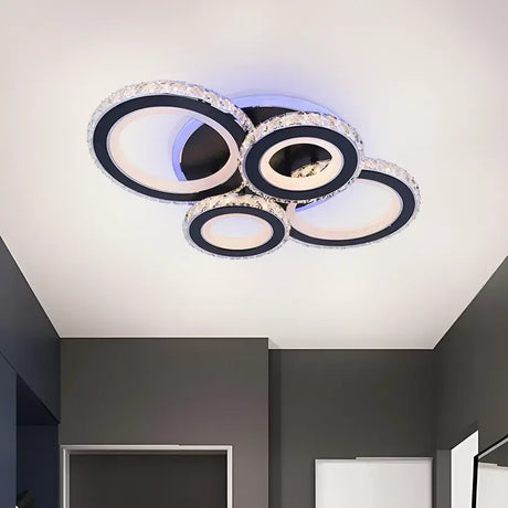 Lustra Led Cu Telecomanda Si Cristal Nova Rotonda Rgb, 4 Cercuri, Lumina Rece/Calda/Neutra, Dimabila - vivimall.ro