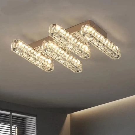 Lustra Led Cu Telecomanda Si Cristal Priscila, 4 Elemente, Liniara, Lumina Rece/Calda/Neutra, Dimabila - vivimall.ro