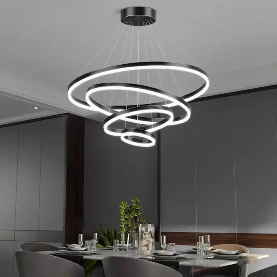 Lustra Led Suspendata Cu Telecomanda Azariah, 4 Cercuri, Lumina Rece/Calda/Neutra, Dimabila - vivimall.ro