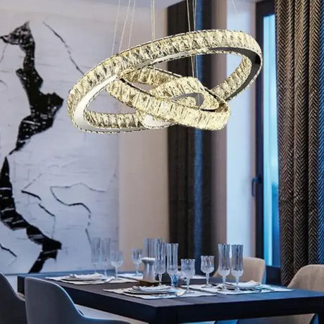 Lustra Led Suspendata Cu Telecomanda Si Cristal Teatru, 3 Cercuri, Lumina Rece/Calda/Neutra, Dimabila, Crom Lucios - vivimall.ro