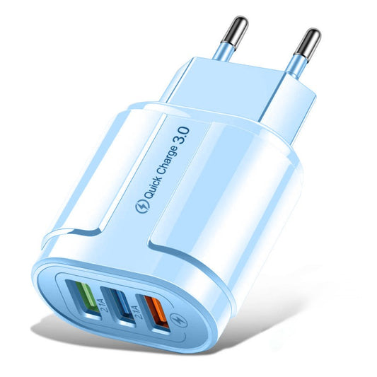 Incarcator Rapid QC3.0, Vivimall, 3 Porturi USB, 2.1A, 18W, din ABS, Protectie Supraincalzire, Gama Macarons, Albastru - vivimall.ro