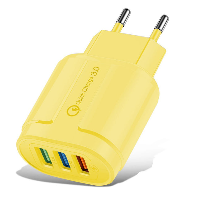Încărcător rapid QC3.0 Vivimall cu 3 porturi USB, 18W, design galben Macarons, vedere frontală