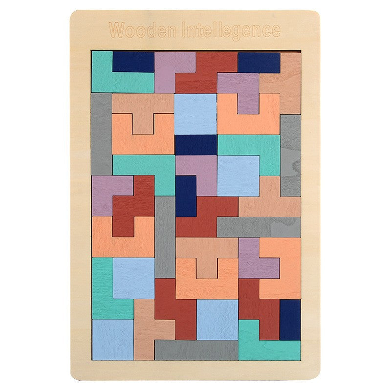 Puzzle Montessori, Din Lemn, Tip Tetris, +36 Luni, Forme Neregulate, 40 Piese, Pastelat