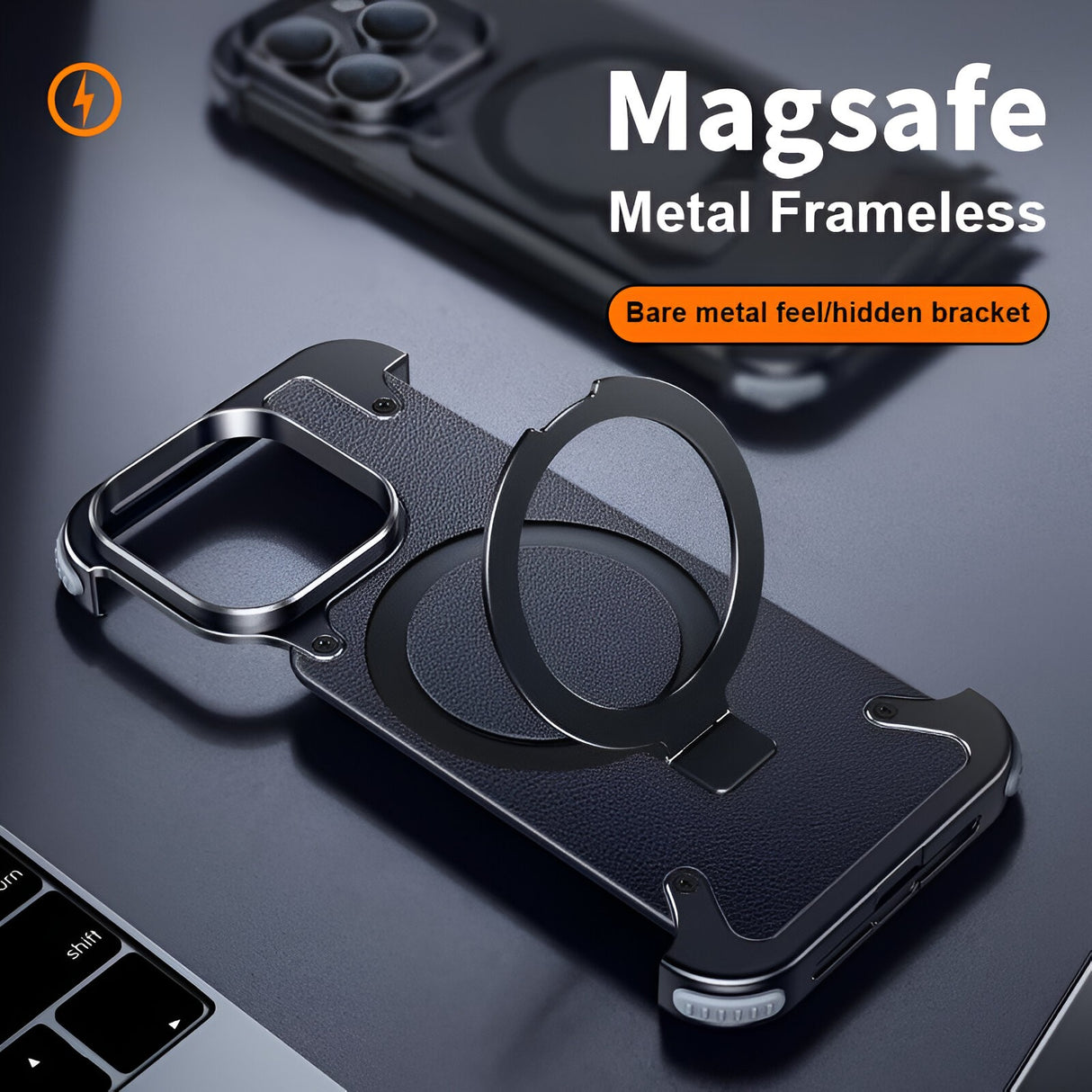Husă iPhone 15 Pro Max neagră cu suport inel rotativ poziționat orizontal pentru vizionare video