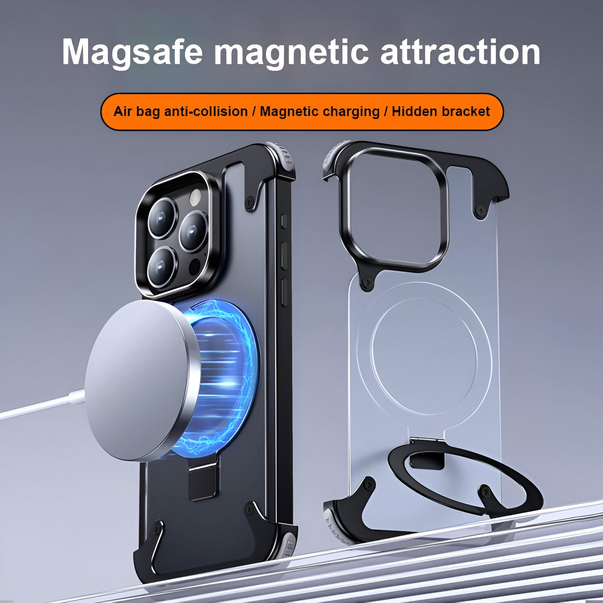 Detaliu rama metalică husă piele iPhone 15 Pro Max neagră, protecție antishock policarbonat