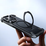 Husă iPhone 15 Pro Max neagră din piele cu inel magnetic, poziție verticală suport hands-free
