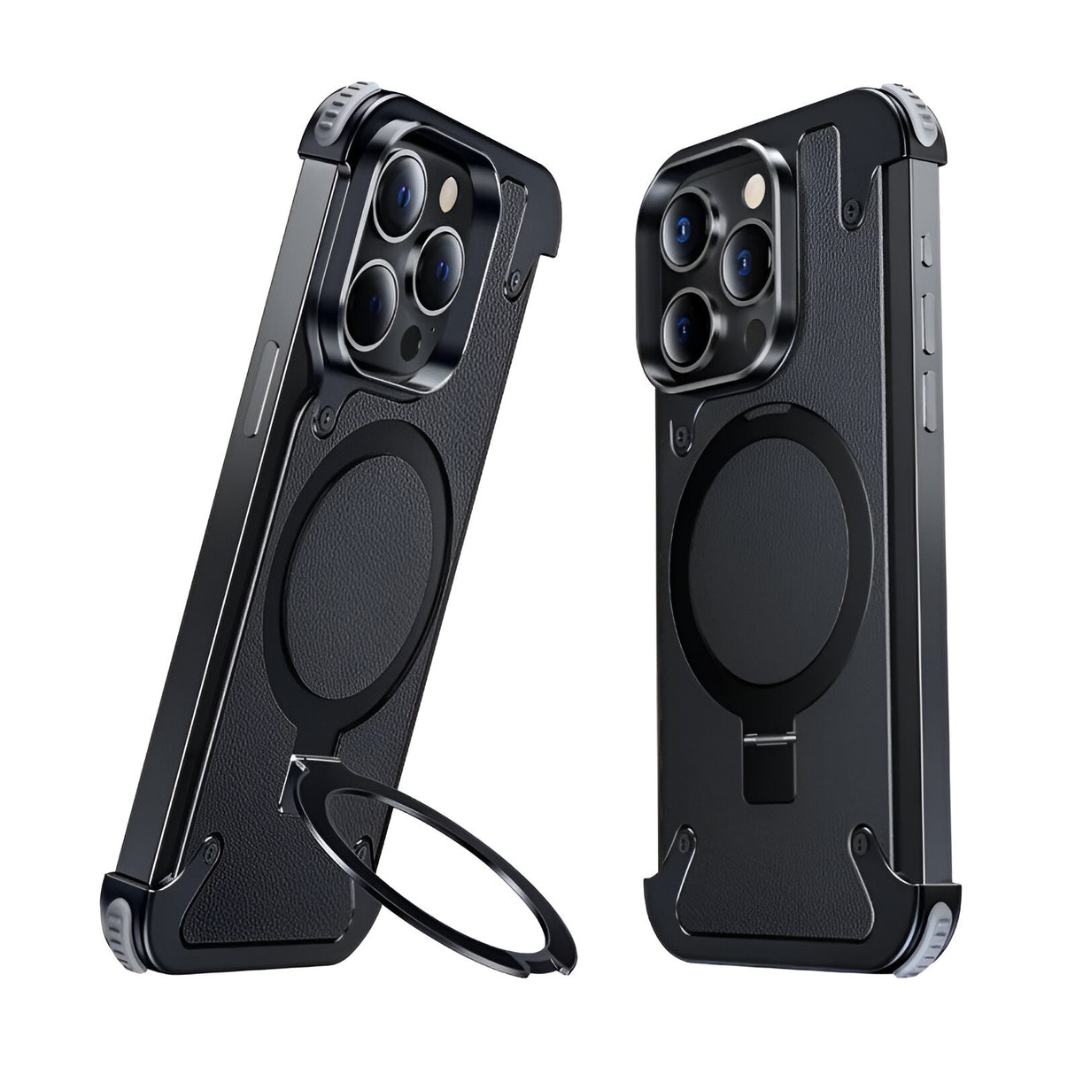 Husă iPhone 15 Pro din piele neagră cu inel magnetic rotativ 360 grade și ramă metalică, vedere frontală