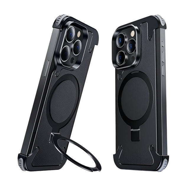 Husă iPhone 15 Pro din piele neagră cu inel magnetic rotativ 360 grade și ramă metalică, vedere frontală