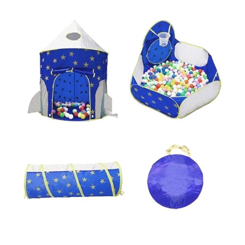 Set de Joaca pentru Copii, Vivimall, Model Racheta Spatiala, Set din 4 piese: Cort, Piscina cu Cos de Baschet, Tunel si Geanta de Transport, din Poliester, 135 x 105 x 105 cm, Albastru - vivimall.ro