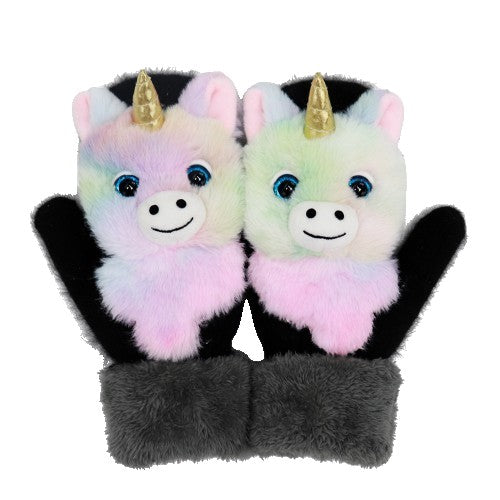 Manusi pentru Copii, Vivimall, din Plus cu Umplutura de Bumbac, Protectie Termica, 24 x 20 x 3 cm, Model Unicorn 3D, Roz/Negru - vivimall.ro