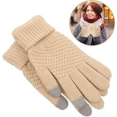Mănuși dama bej cu manșetă elastică groasă, detaliu manșetă și structură tricot