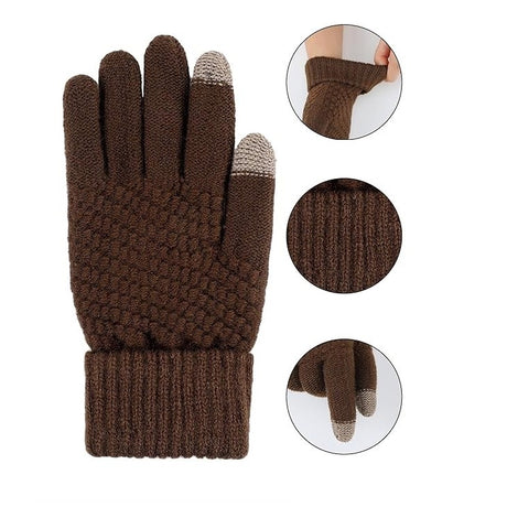 Mănuși dama maro acrilic tricotat, detaliu degete conductive touchscreen, interior catifelat
