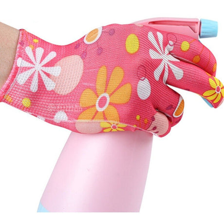 Mănuși antiderapante din nailon pentru grădinărit, detaliu suprafață antiderapantă și model floral