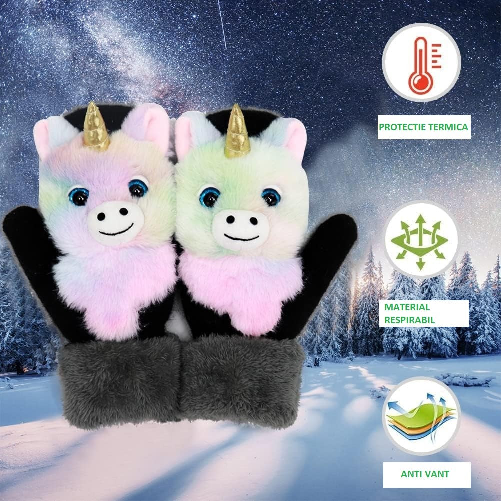 Manusi pentru Copii, Vivimall, din Plus cu Umplutura de Bumbac, Protectie Termica, 24 x 20 x 3 cm, Model Unicorn 3D, Roz/Negru - vivimall.ro