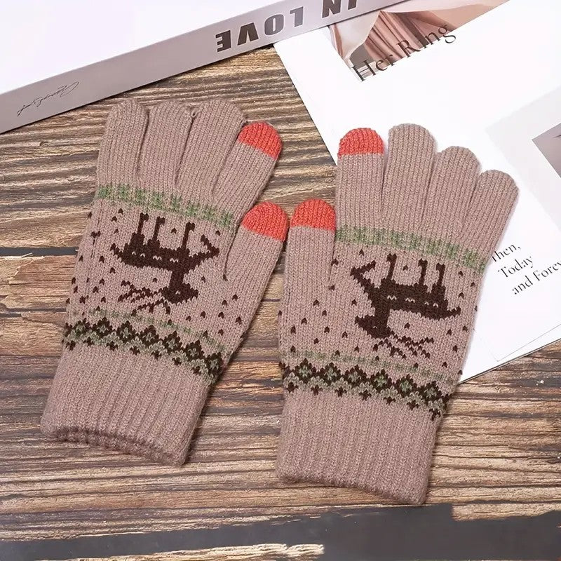 Manusi de Dama, Flippy, Model Ren, Functie Touchscreen (ecran tactil), Material Acril Tricotat, Manseta Elastica, Interior Catifelat, Marime Universala, Kaki - vivimall.ro