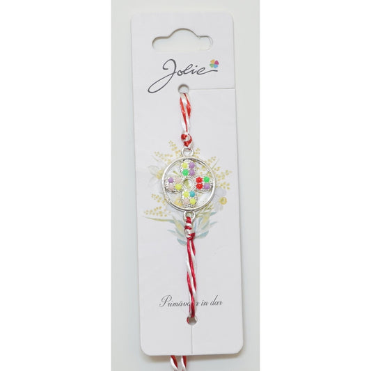 Martisor Bratara Alb-Rosu cu Pandantiv Metalic, Model 8 - vivimall.ro