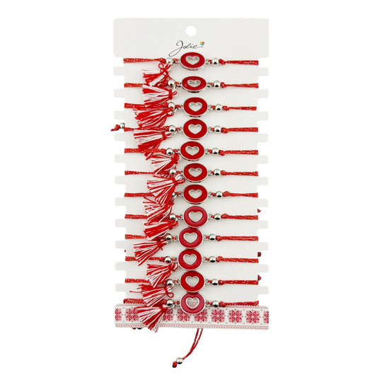 Martisor Bratara cu Ciucure pentru Dama, Jolie, Model Cerc cu Inima, Set 12 bucati, Pandativ din Inox, Snur Reglabil, Rosu/Alb - vivimall.ro