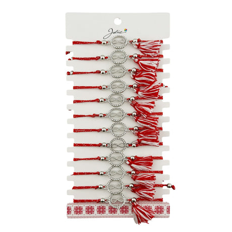 Set 12 brățări mărțișoare Jolie model cerc infinit, pandantiv inox cu pietre, șnur roșu-alb, vedere de ansamblu