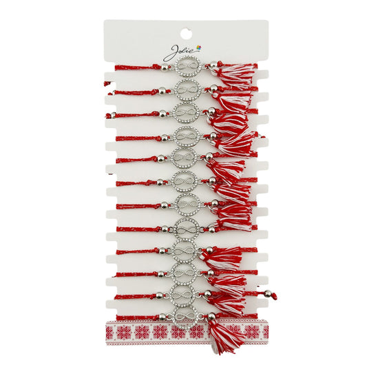 Set 12 brățări mărțișoare Jolie model cerc infinit, pandantiv inox cu pietre, șnur roșu-alb, vedere de ansamblu