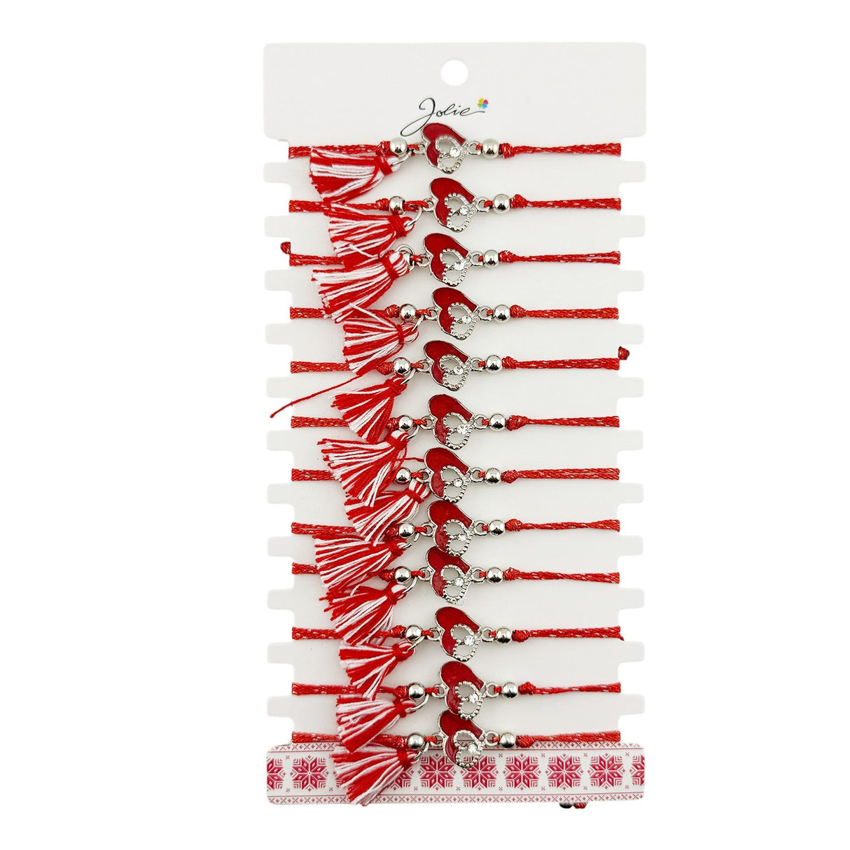 Set 12 brățări mărțișor Jolie model două inimi, pandantiv inox cu piatră, șnur roșu/alb, vedere de ansamblu