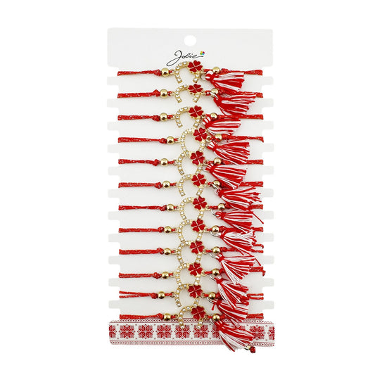 Martisor Bratara cu Ciucure pentru Dama, Jolie, Model Potcoava cu Trifoi, Set 12 bucati, Pandativ din Inox, Snur Reglabil, Rosu/Alb - vivimall.ro
