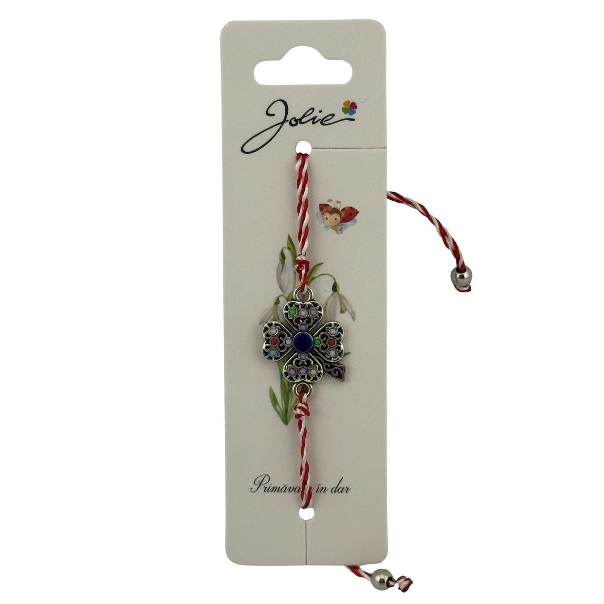 Martisor Bratara cu Snur Alb Rosu Reglabil, Model Trifoi cu Patru Foi Multicolor, Jolie