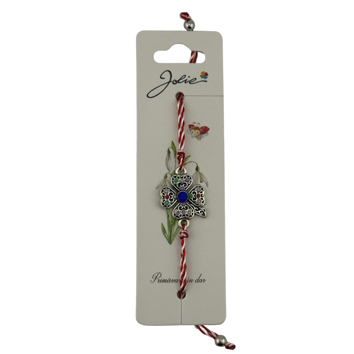 Martisor Bratara cu Snur Alb Rosu Reglabil, Model Trifoi cu Patru Foi Multicolor, Jolie