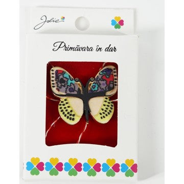 Mărțișor broșă fluture colorat din metal, dimensiune 2,5-3 cm, în cutie cadou, vedere frontală