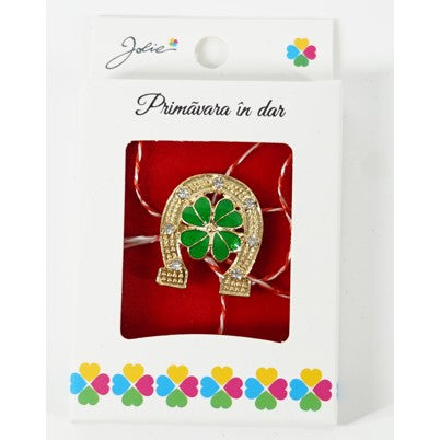 Martisor Brosa Mica in Cutie, Dimensiune Brosa 2.5-3 cm, Material Metal, Model Potcoava cu Trifoi - vivimall.ro