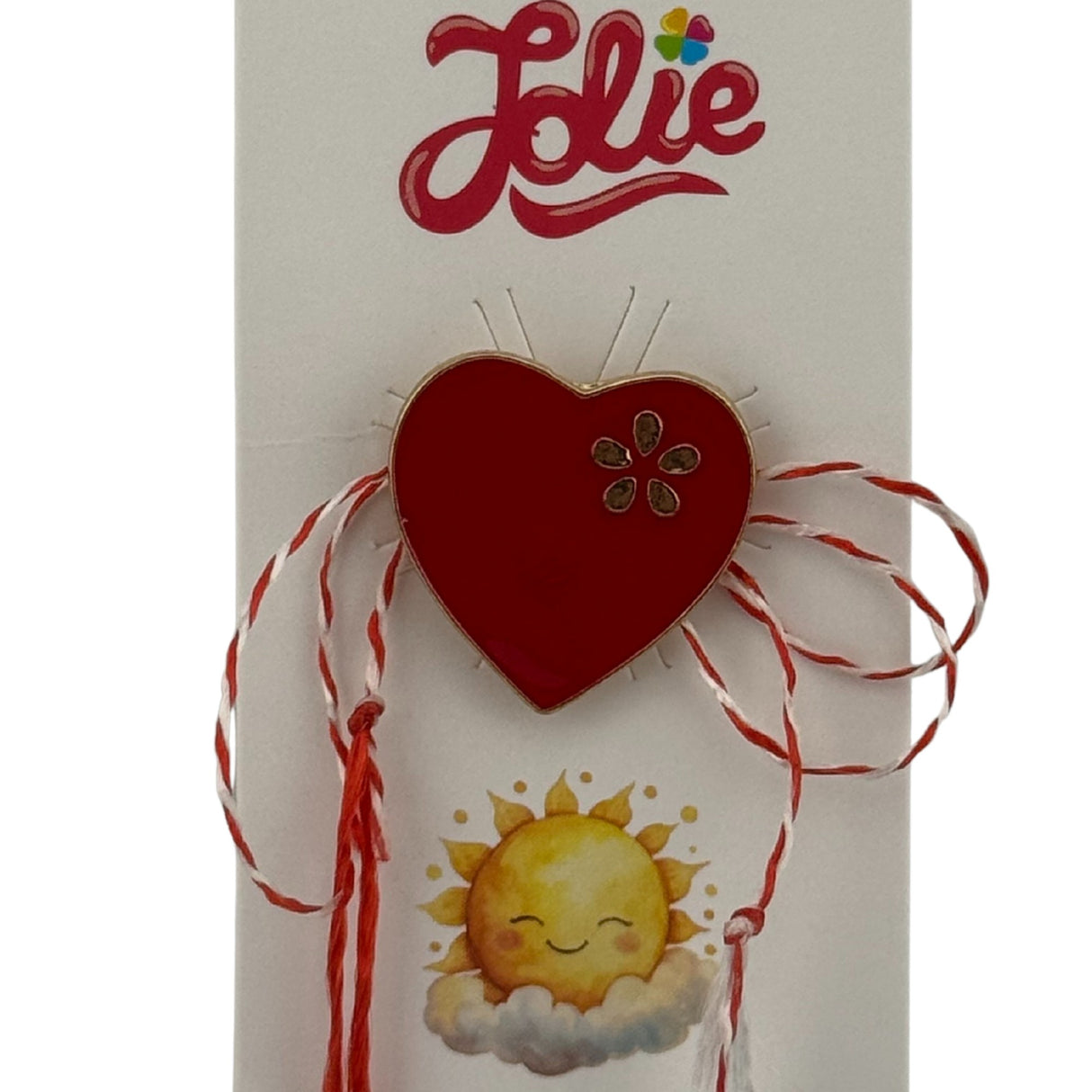 Martisor pentru copii, Jolie, Material Metal, Ambalaj Carton cu Design, Dimensiune Brosa Aproximativ 2x2 cm, Multicolor, Model Inima Rosie - vivimall.ro