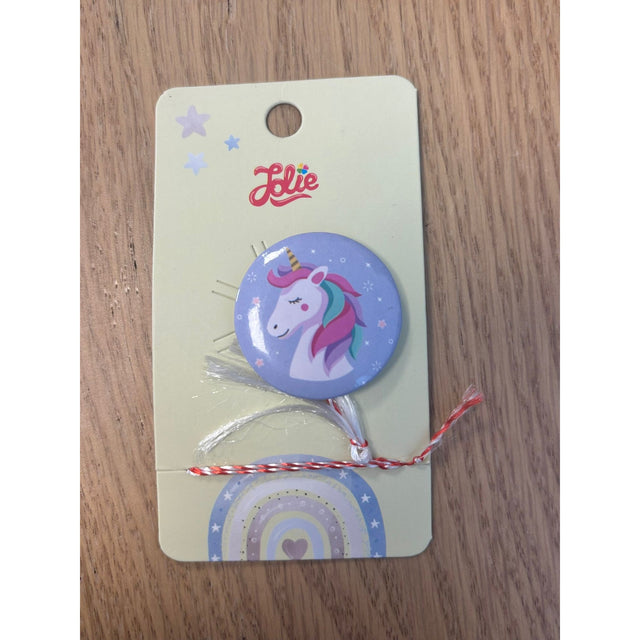 Broșă mărțișor unicorn pentru copii din metal, ambalaj cutie carton decorativă, vedere frontală