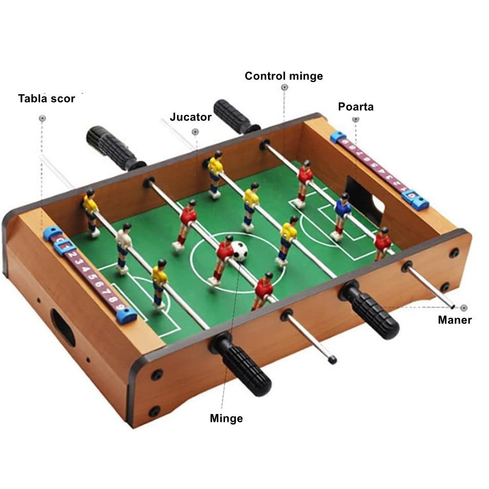 Masa de fotbal cu teren si 12 jucatori Vivimall, cu tablou pentru scor, din metal, lemn si ABS, 34.5 x 23 x 7 cm, pentru copii - vivimall.ro