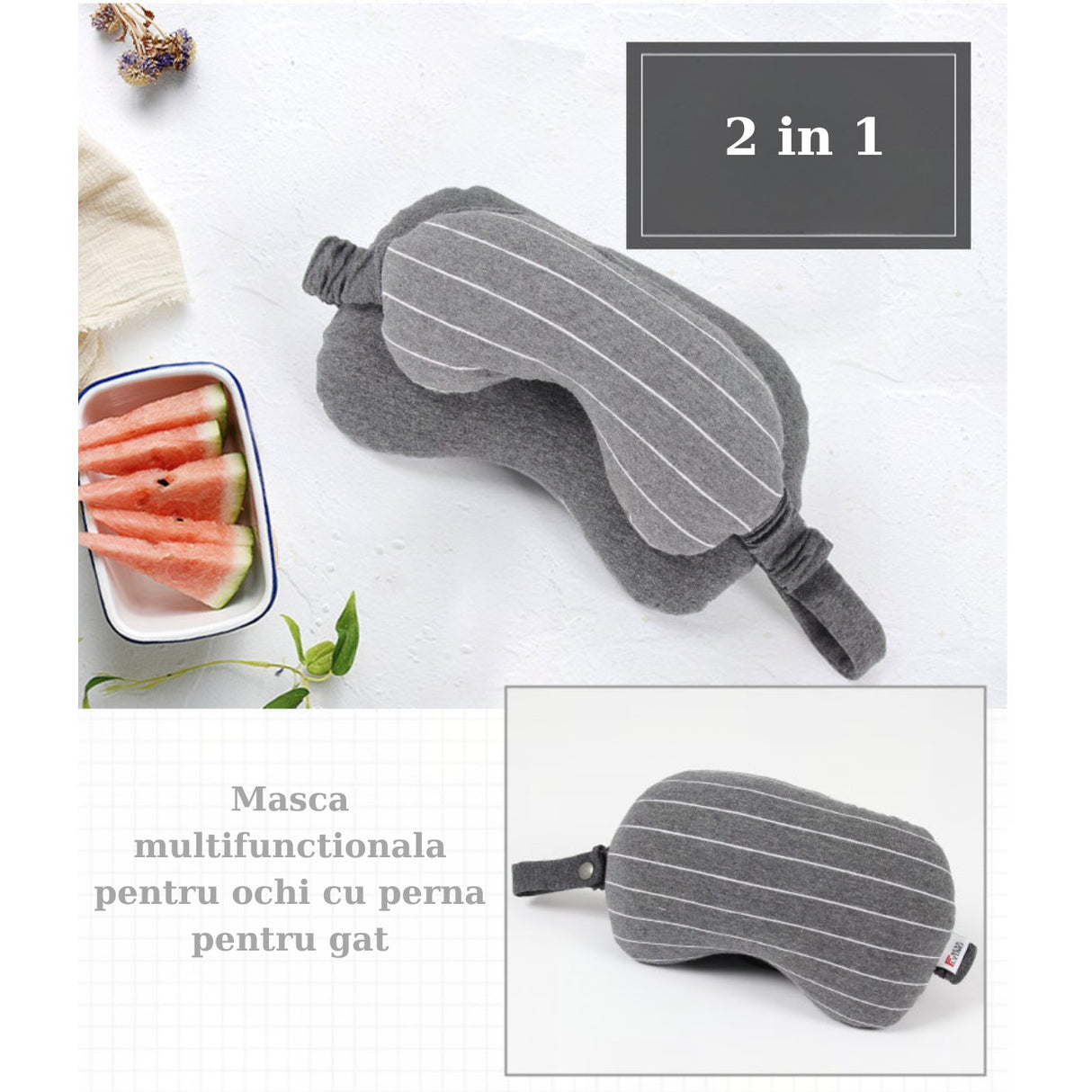 Masca De Dormit, 2 In 1, Cu Tetiera, Din Particule De Spuma Si Bumbac, Inchis - vivimall.ro