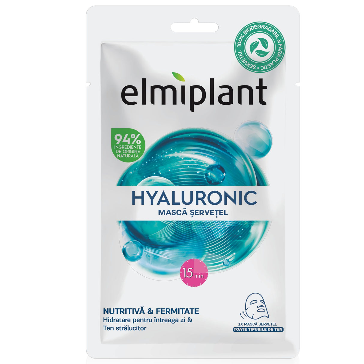 Masca Servetel Pentru Fata, Elmiplant, Hyaluronic, Pentru Toate Tipurile de Ten, 20 ml - vivimall.ro