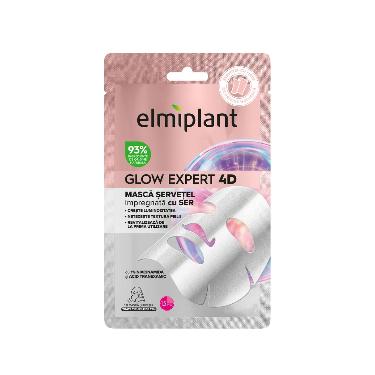 Masca Servetel Pentru Fata, Elmiplant, Glow Expert 4D Impregnata cu Ser, 1 Buc - vivimall.ro