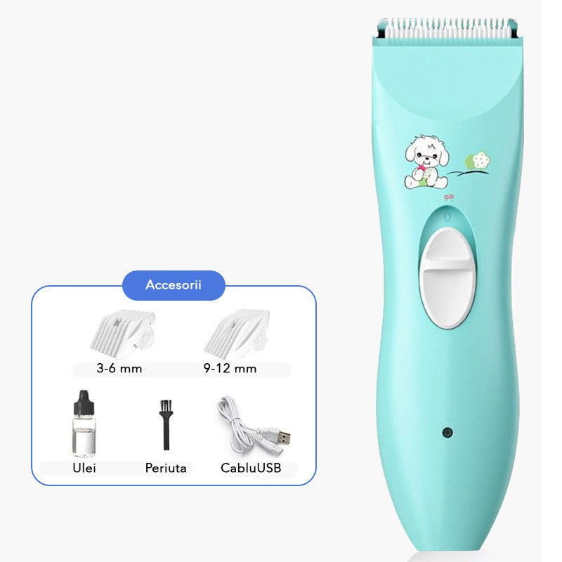 Masina De Tuns Bebelusi si Copii, Vivimall, Lame Cermice si Inox, Fara Fir, Functie Anti Taiere, Silentios, 50 W, Rezistent la Apa, 2 Accesorii, Incarcator USB, Model Ursulet, Albastru deschis - vivimall.ro