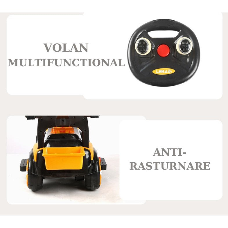 Masinuta Electrica Vivimall, Tip Excavator, Brat Electric cu Maneta de Control, Spatar si Bare Laterale, Sistem Muzica si Lumini, 2-7 Ani, 72 x 34 x 45 cm, Portocaliu - vivimall.ro